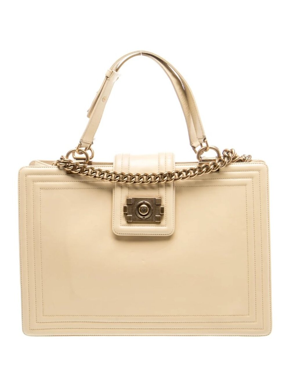 CHANEL Boy Large Tote Cream Leather Antiqued Gold Chain Shoulder Bag